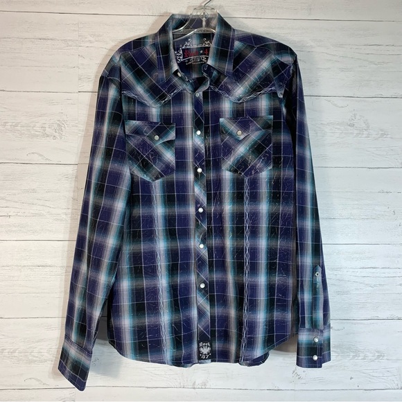 Rock 47 Gray/Purple Plaid Button Up Long Sleeve  Embroidered Pearl Snap Size M - Picture 1 of 9